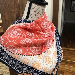 Ann Taylor 25 in square navy blue and orange, 100% silk scarf. Brand new.
